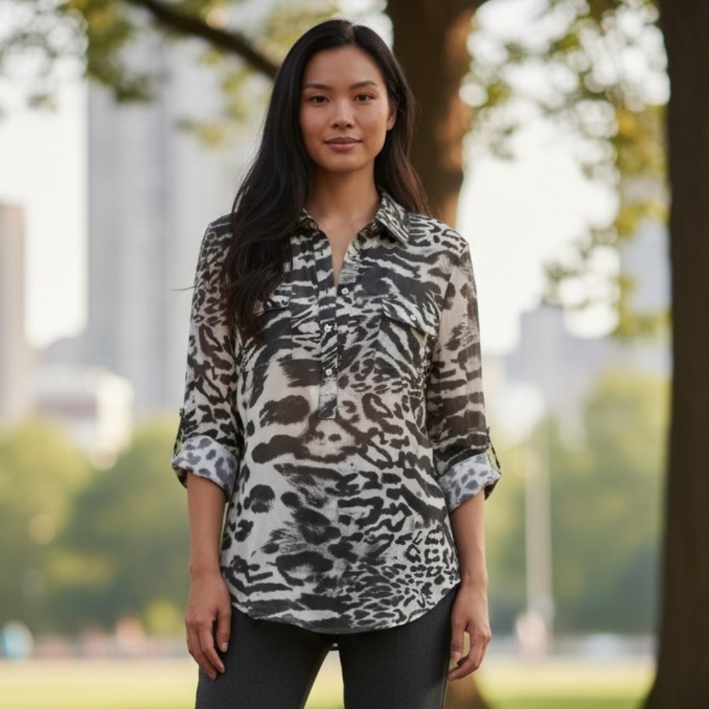 INC 2 Piece Sheer Black & Gray Animal Print Blouse & Matching Tank Set Size M